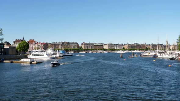 Beautiful scene of harbor and Old Town of Stockholm. Static