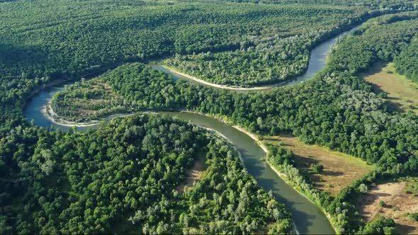 Aerial View of Winding River in Forest