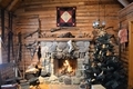 Pioneer log cabin interior design with inviting fireplace at the holiday  - PhotoDune Item for Sale