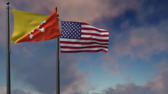 Bhutan Flag Waving Along With The National Flag Of The USA - 4K