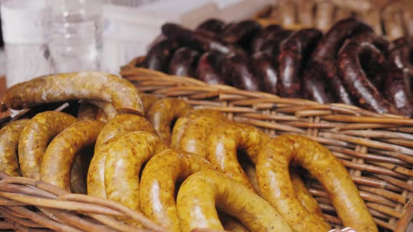 Homemade Uncooked Black Blood Spanish Sausages on Festival Market Traditional Food in Spain