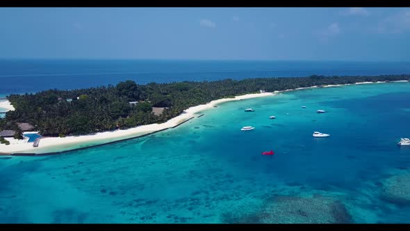 Aerial drone shot landscape of tropical bay beach lifestyle by transparent sea and white sandy backg