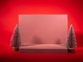 Christmas winter podium mockup on red background with fir trees - PhotoDune Item for Sale