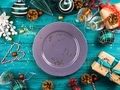 Festive christmas table setting concept with ornament and gift boxes. Holiday flat lay with dish - PhotoDune Item for Sale