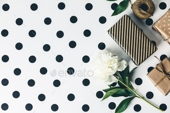nd; decoration; polka; black; dots; white; flowers; peony; handmade; twine; craft; box; celebration; gift; vintage; design; minimal; bouquet; brown; elegant; female; feminine; greeting; package; paper; present; ribbon; eco; zero; waste; no; plastic; sustainable; shop; business; trend; modern; concept; mock up; copy; space; layout