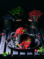berries currants blueberries raspberries basil in metal dishes in buckets on a wooden dark board - PhotoDune Item for Sale