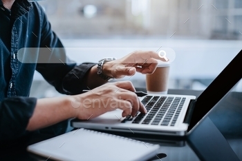 Business man clicking internet search page on computer touch screen at home office.