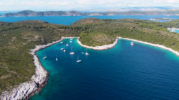 Aerial seascape of famous sailing destination in Croatia, Paklinski Islands Hvar summer scenery in E