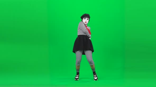 Mime Woman Is Calling Someone, Talking. Chroma Key. Full Length.