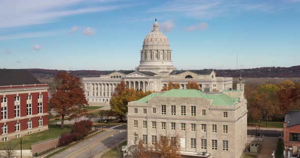 Missouri State Capitol building in Jefferson City, Missouri. Drone videoing up.