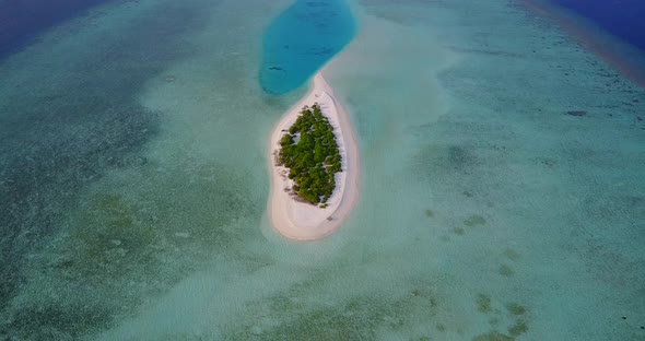 Daytime flying copy space shot of a paradise sunny white sand beach and aqua blue water background 