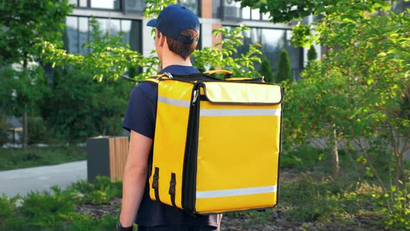 Back View Delivery Young Man Courier with Thermal Backpack Walks Down Street