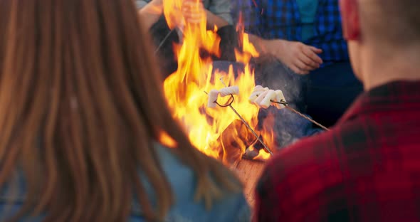 People Sitting Around a Campfire As They Roast Marshmallows on Sticks