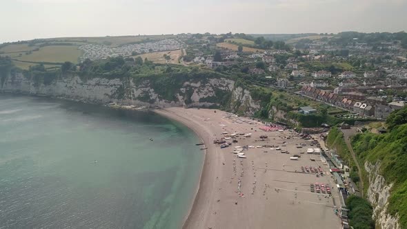 Beautiful seaside town of Beer, in Devon, part of the Jurassic Coast. AERIAL SHOT.