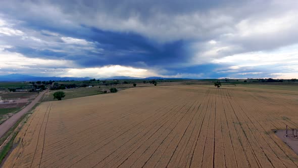 High altitude winter wheat field with majestic rocky mountains under a stormy and threatening sky.