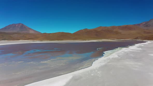 Aerial View of Pink Lake with Flamingo Bolivia Altiplano