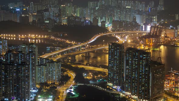 Hong Kong Night Urban Panorama Time Lapse China Zoom Out