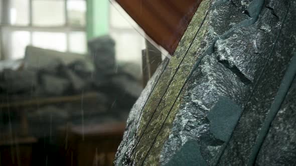 Large Industrial Stone Cutter Cuts Granite Rock Into Plates in Jets of Water Close Up