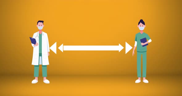 Two doctor wearing face mask maintaining social distancing alt