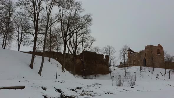 Ruins of Ancient Livonian Order's Stone Medieval Castle Latvia Aerial Drone Top Shot 