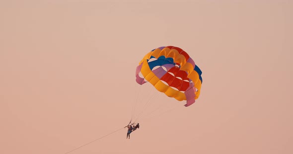 Parasailers Flying On Colorful Parachute In Sunset Or Sunrise Sky