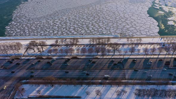 Road and Frozen Lake Michigan with Ice in Winter