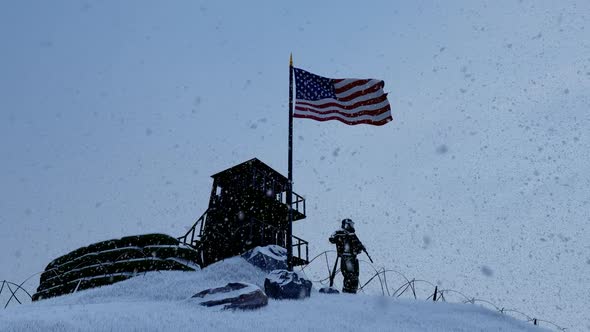 American Soldier On The Border In Snowy Weather