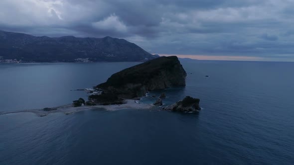 Aerial View of Sveti Nikola Island Near Budva Town at Dusk