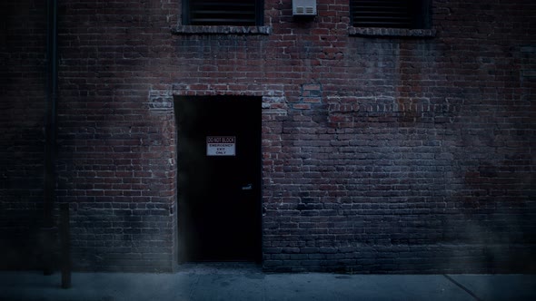 Back door entrance to old brick building in alley with steam rising.