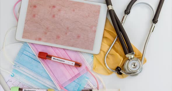 Sample Blood Test of Monkeypox with Doctor Examination Patient in Skin Rashes Looking on Digital