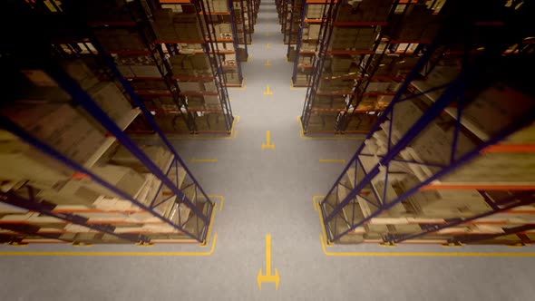 Flight through the huge warehouse with infinite packages amount. Loopable. HD