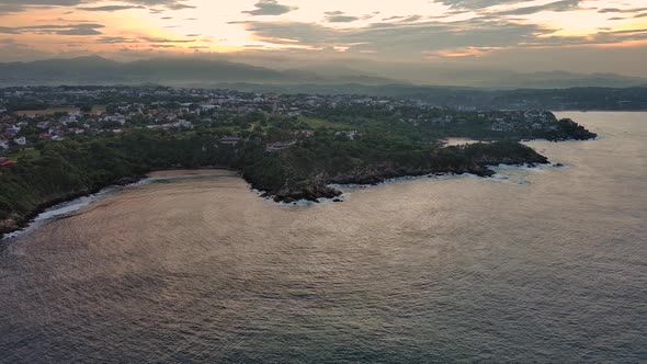 Sun Rising Aerial Drone Above Puerto Escondido Beach Mexico Oaxaca Natural Ocean