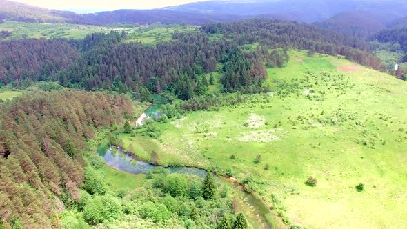 Aerial view of Jesenica river and surrounding in Croatian region Lika.