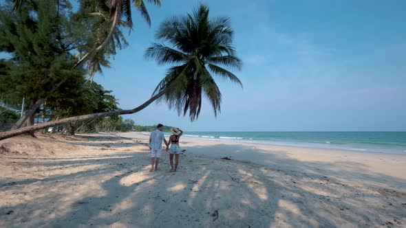 Couple on Vacation in Thailand Chumpon Province White Tropical Beach with Palm Trees Wua Laen Beach