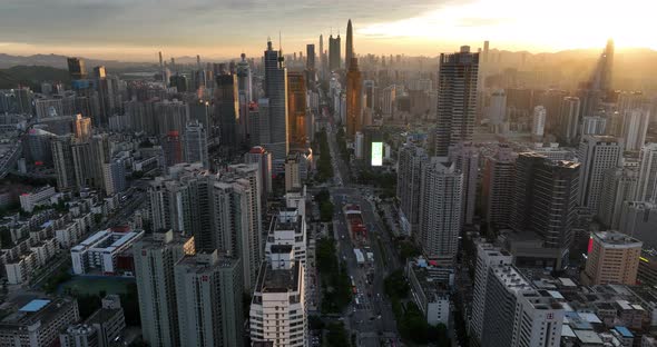 Aerial footage of landscape at sunset in shenzhen city, China