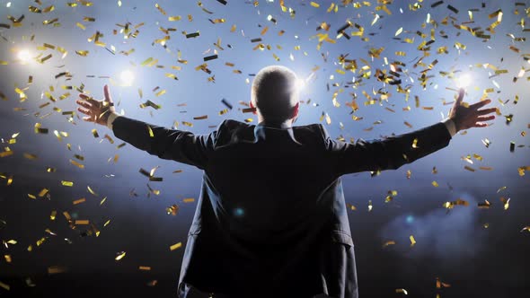 Successful Businessman with Arms Up Celebrating His Victory. Celebrating Success. Low Angle View of