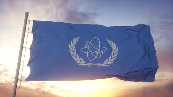 Flag of International Atomic Energy Agency IAEA Waving in the Wind Sky and Sun Background