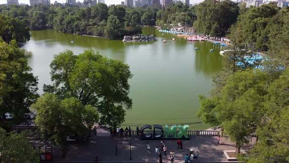 An aerial view of beautiful Chapultepec lake. CDMX sign in the major lake of the forest of Chapultep