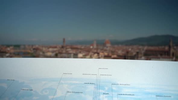 Cityscape with map from viewpoint, Florence, Tuscany, Italy