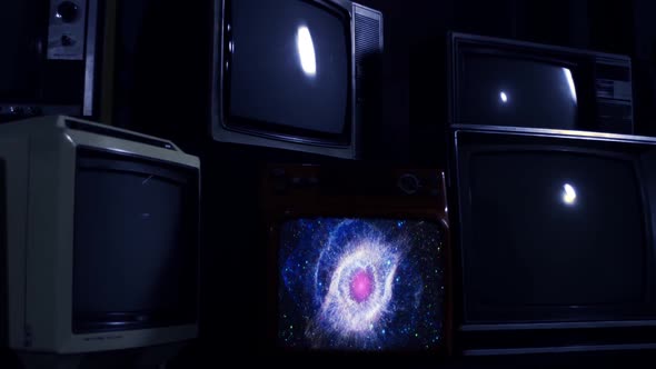 Helix Nebula in Space and Retro Televisions. Dark Tone.