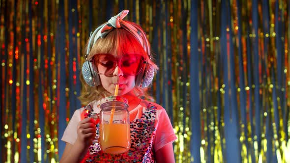 Stylish Trendy Child Kid Girl at Disco Party Cyberpunk Club with Pineapple Fruit Drinking Juice