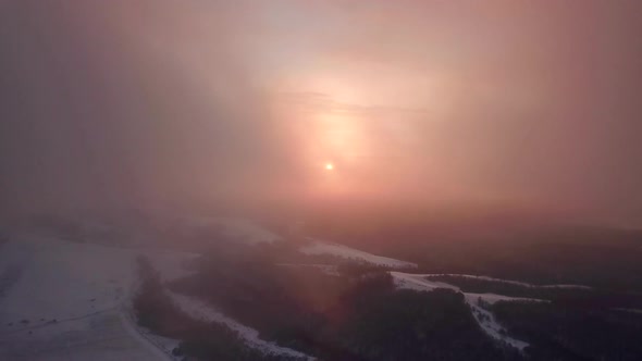 Beautiful Winter Nature Aerial Footage Of Sunset In The Mountains