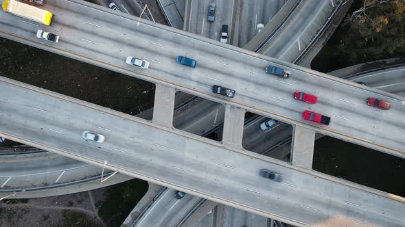 Aerial shot of a 4 level freeway interchange in Los Angeles