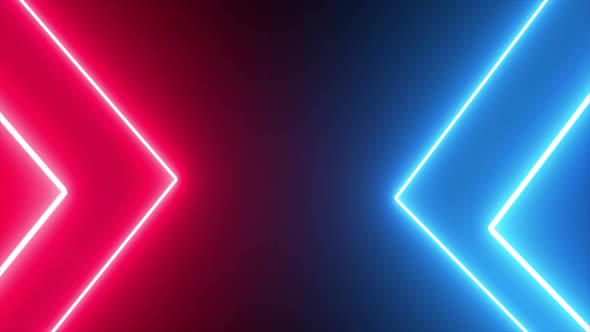 Flying through glowing blue and red neon arrow tunnel. abstract neon arrows tunnel motion design bac