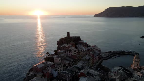 Aerial view of Vernazza old town along the coast, Cinque Terre, Liguria, Italy.