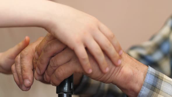 close-up of a child's hands touching the wrinkled hands of a pensioner with a walking stick.supporti