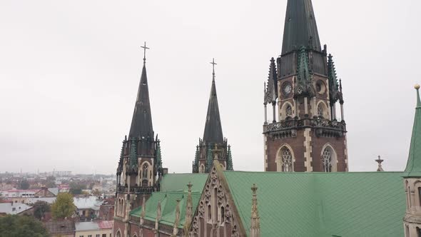 Aerial View of Historical Church of Saints Olga and Elizabeth Old Gothic Temple in Town Lviv Ukraine