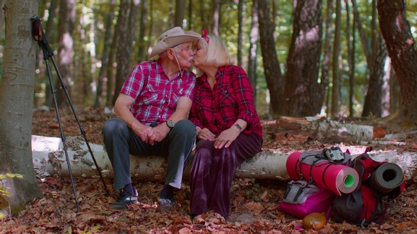 Grandmother Grandfather Senior Tourists Hikers Sitting on Tree and Hugging Kissing in Summer Forest