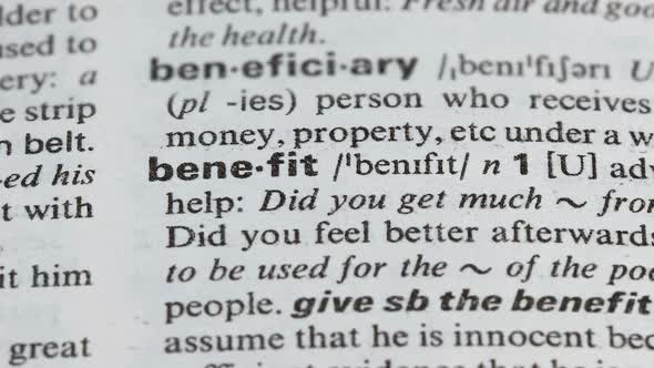 Benefit Word Definition on Page in Vocabulary, Business Interest and Income