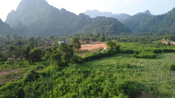 Natural landscapes around the city of Vang Vieng in Laos seen from the sky